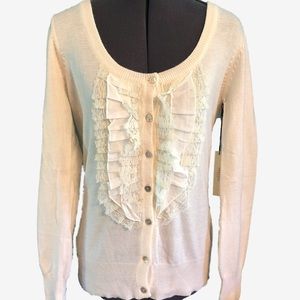 Cream cardigan with ruffled lace bib